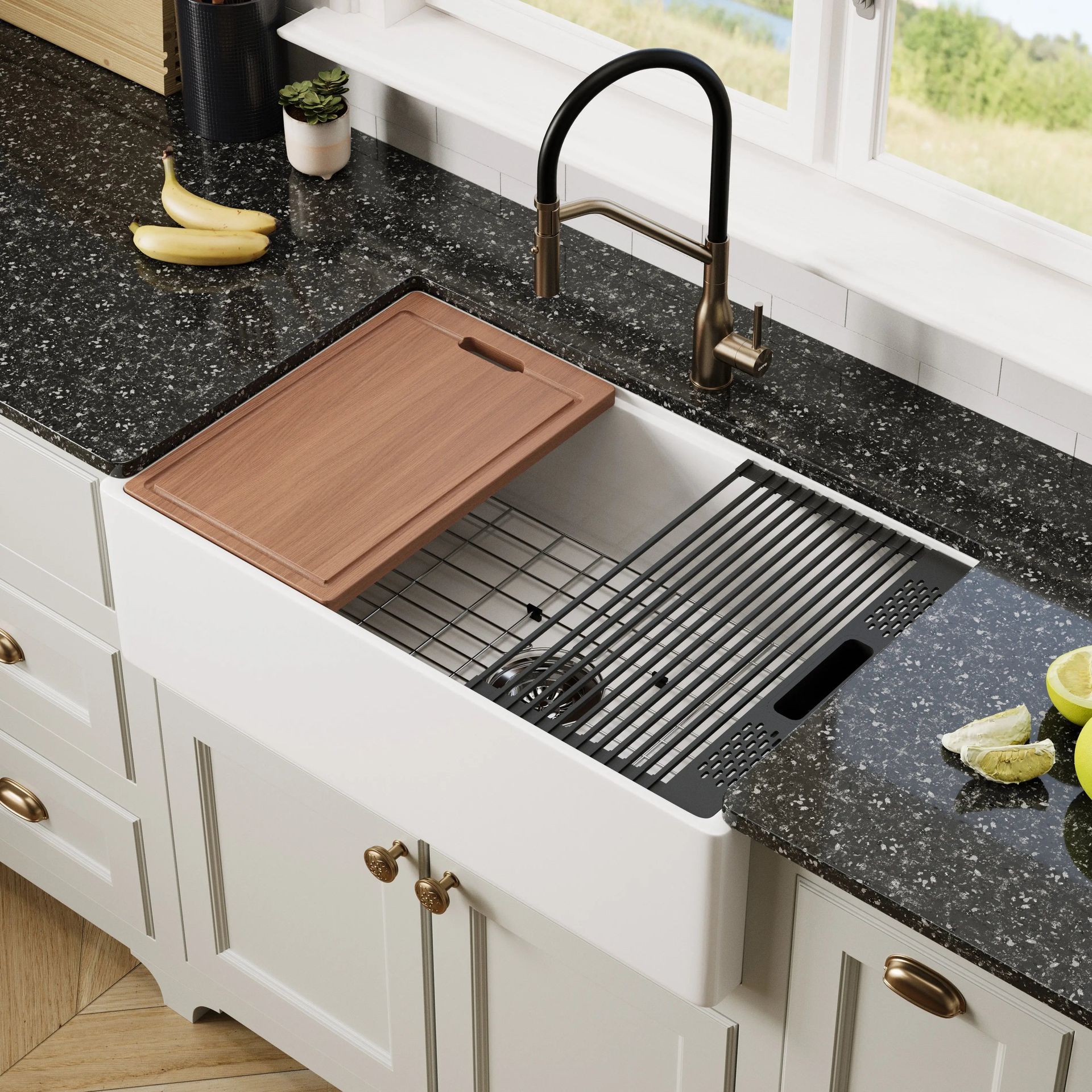 NOZLOO 33" Smooth Apron Fireclay Farmhouse Sink with Workstation Kit
