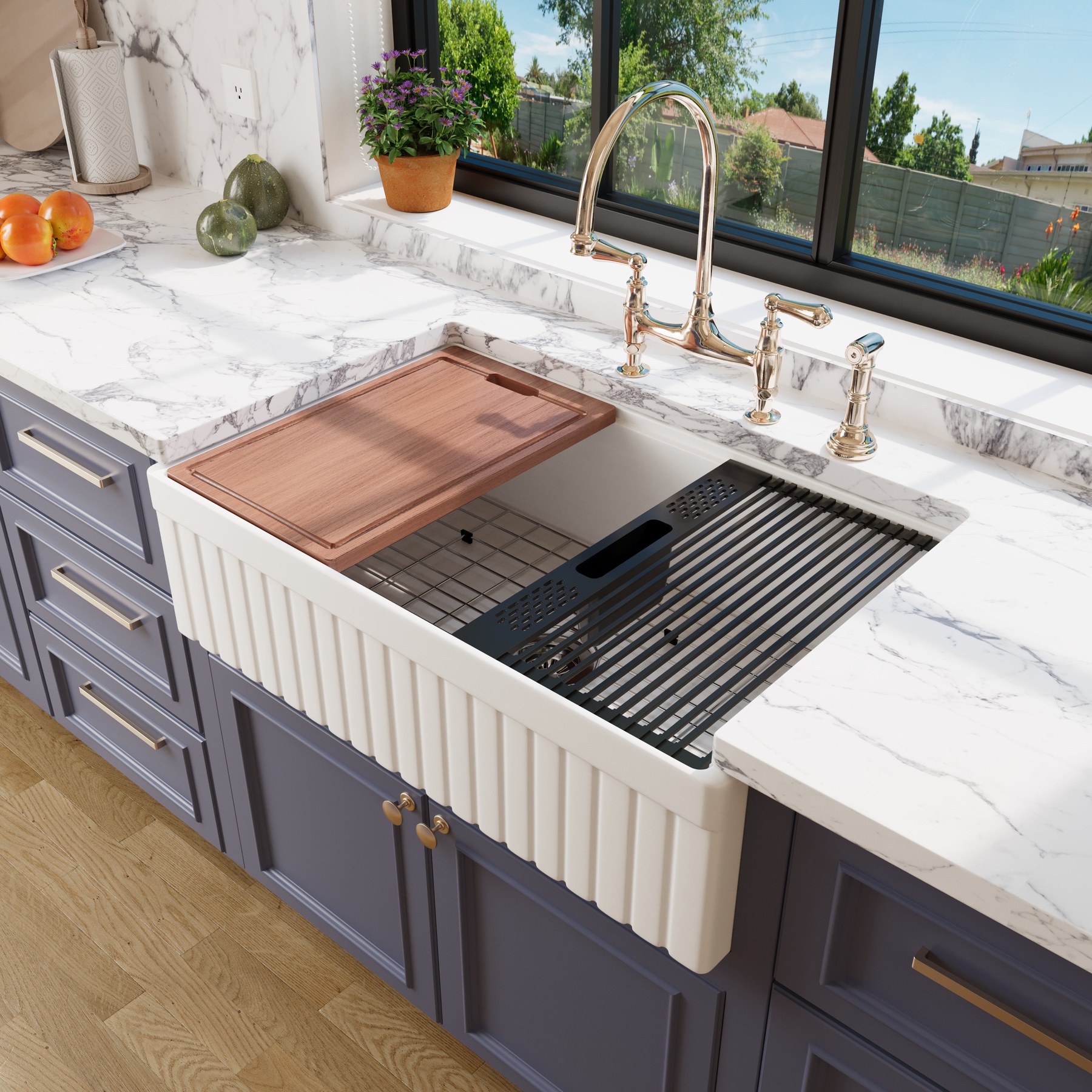 NOZLOO 33" Reversible Fluted Apron Fireclay Farmhouse Sink with Workstation Kit